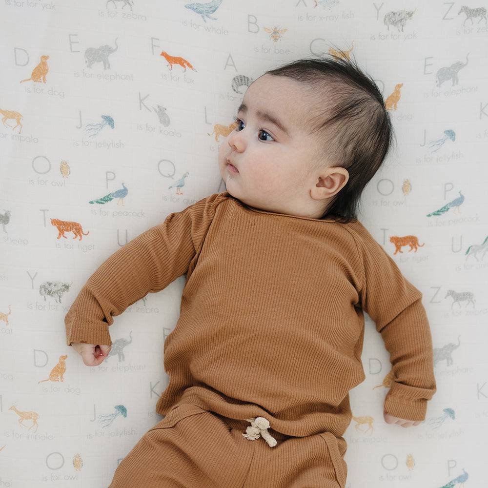Animal Alphabet Oh So Soft Muslin Crib Sheet Bebe au Lait