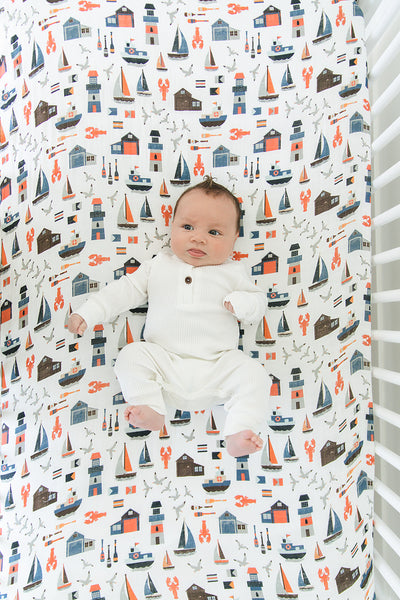 Nautical Oh So Soft Muslin Crib Sheet + Seagulls Oh So Soft Muslin Changing Pad Cover Set - Bebe au Lait