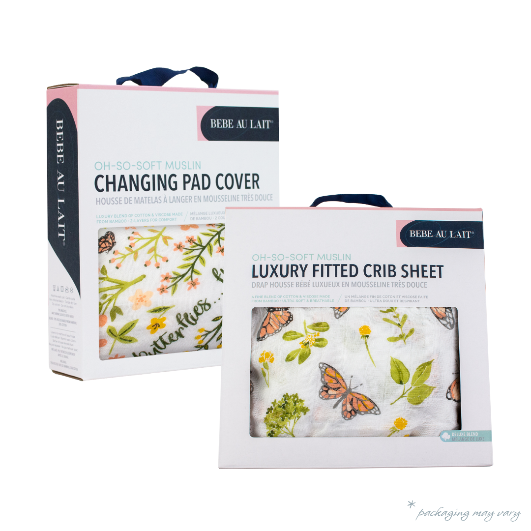 Butterfly Oh So Soft Muslin Crib Sheet + Flutterby Oh So Soft Muslin Changing Pad Cover Set - Bebe au Lait