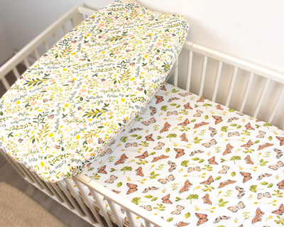 Butterfly Oh So Soft Muslin Crib Sheet + Flutterby Oh So Soft Muslin Changing Pad Cover Set - Bebe au Lait