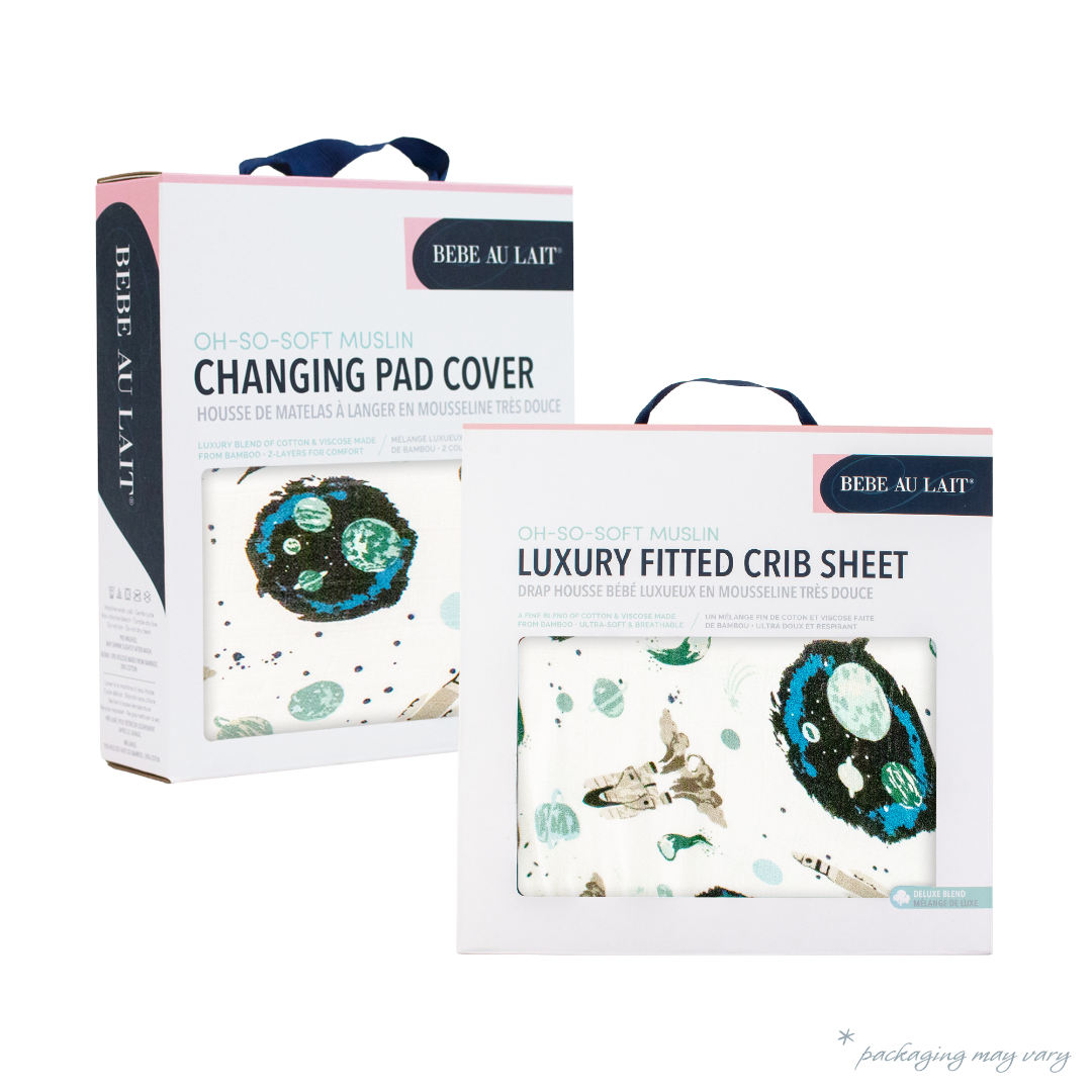 Space Oh So Soft Muslin Crib Sheet + Changing Pad Cover Set - Bebe au Lait