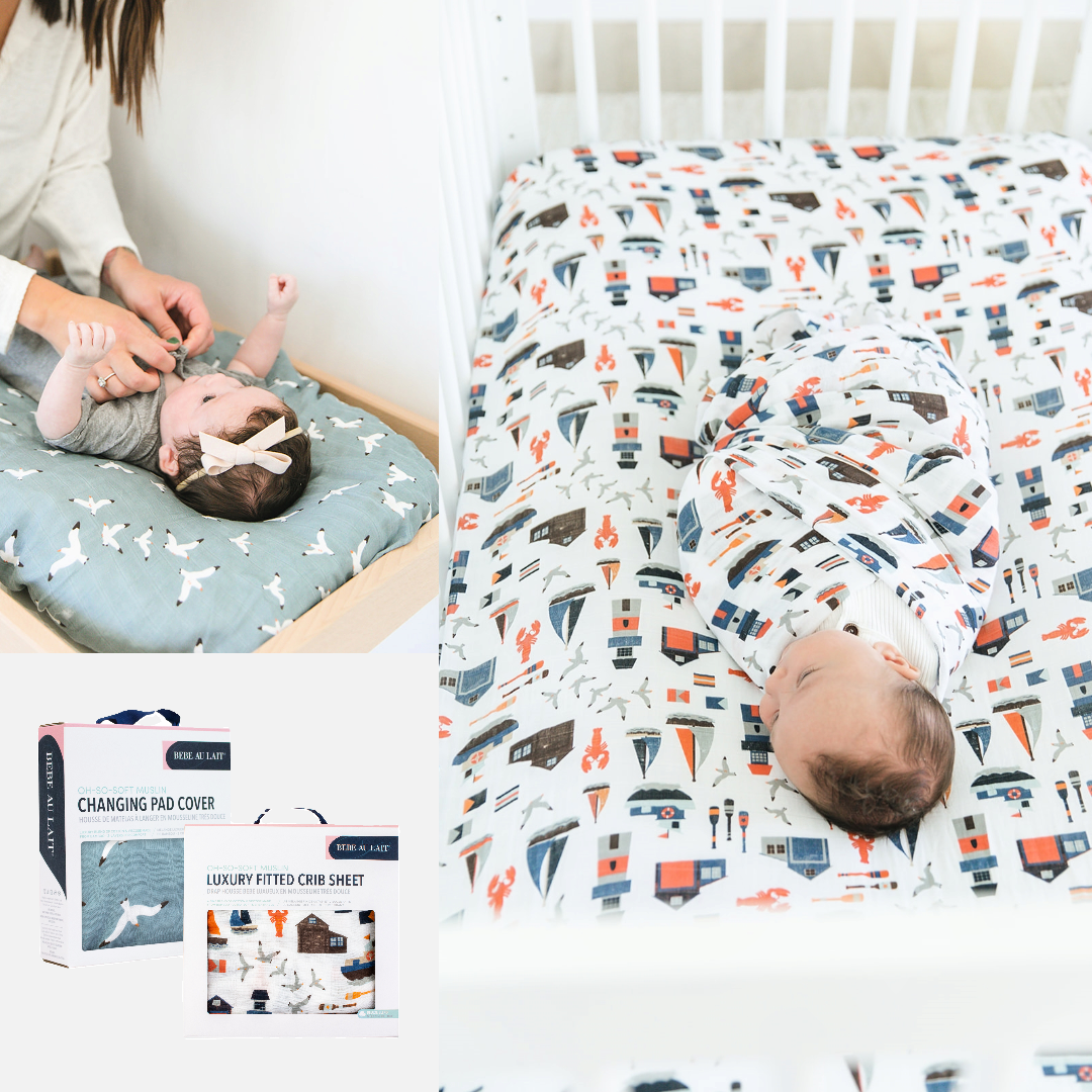 Nautical Oh So Soft Muslin Crib Sheet + Seagulls Oh So Soft Muslin Changing Pad Cover Set - Bebe au Lait