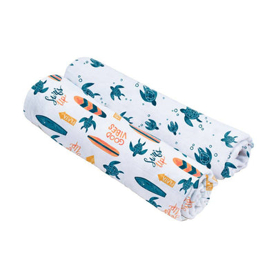 Surf + Sea Turtles Oh-So-Soft Muslin Swaddle Blanket Set - Swaddle Blanket - Bebe au Lait