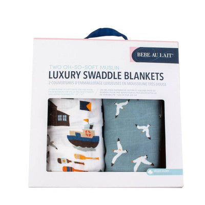 Nautical + Seagulls Oh-So-Soft Muslin Swaddle Blanket Set - Swaddle Blanket - Bebe au Lait