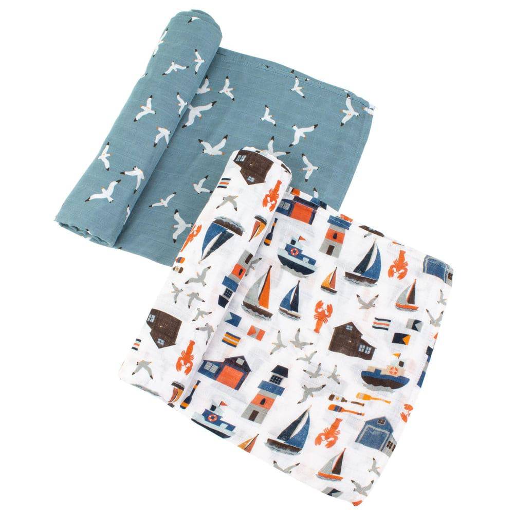 Nautical + Seagulls Oh-So-Soft Muslin Swaddle Blanket Set - Swaddle Blanket - Bebe au Lait