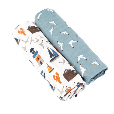 Nautical + Seagulls Oh-So-Soft Muslin Swaddle Blanket Set - Swaddle Blanket - Bebe au Lait