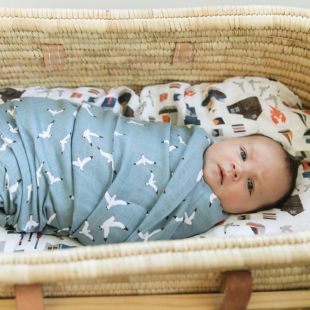 Nautical + Seagulls Oh-So-Soft Muslin Swaddle Blanket Set - Swaddle Blanket - Bebe au Lait
