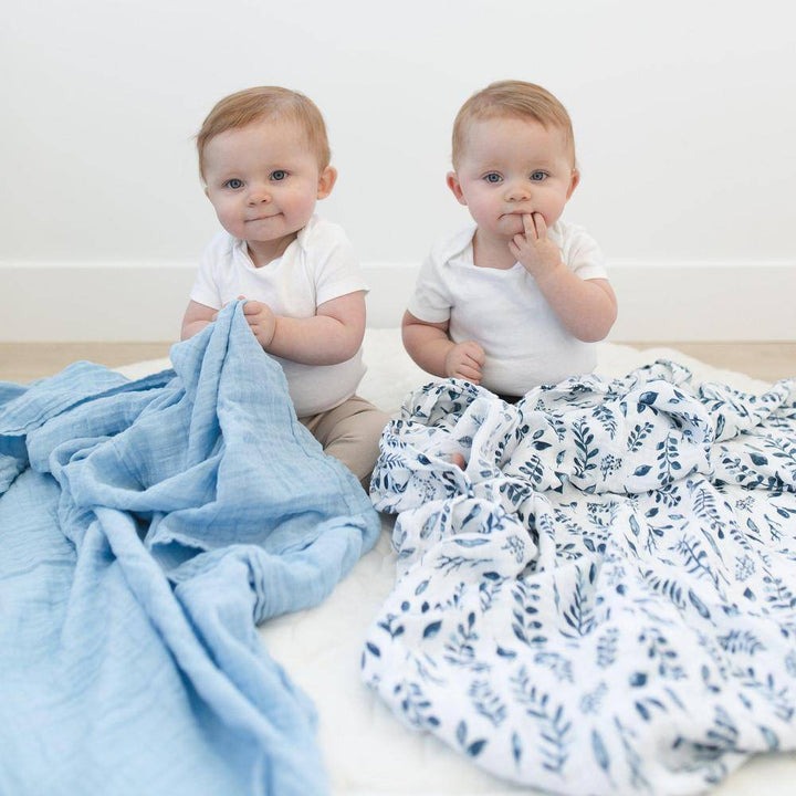 Muslin Swaddle Blanket Set Premium Cotton Blue Leaves Cornflower Bebe au Lait