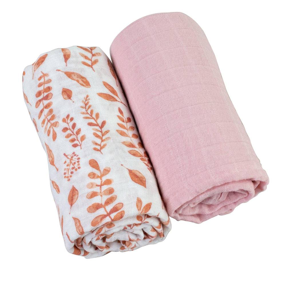 Muslin Swaddle Blanket Set Premium Cotton Pink Leaves Cotton Candy Bebe au Lait