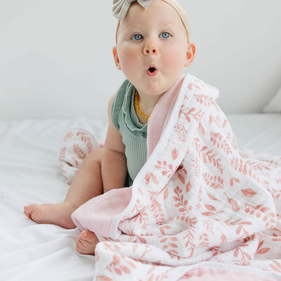 Muslin Snuggle Toddler Blanket Premium Cotton Pink Leaves + Cotton Candy - Snuggle Blanket - Bebe au Lait